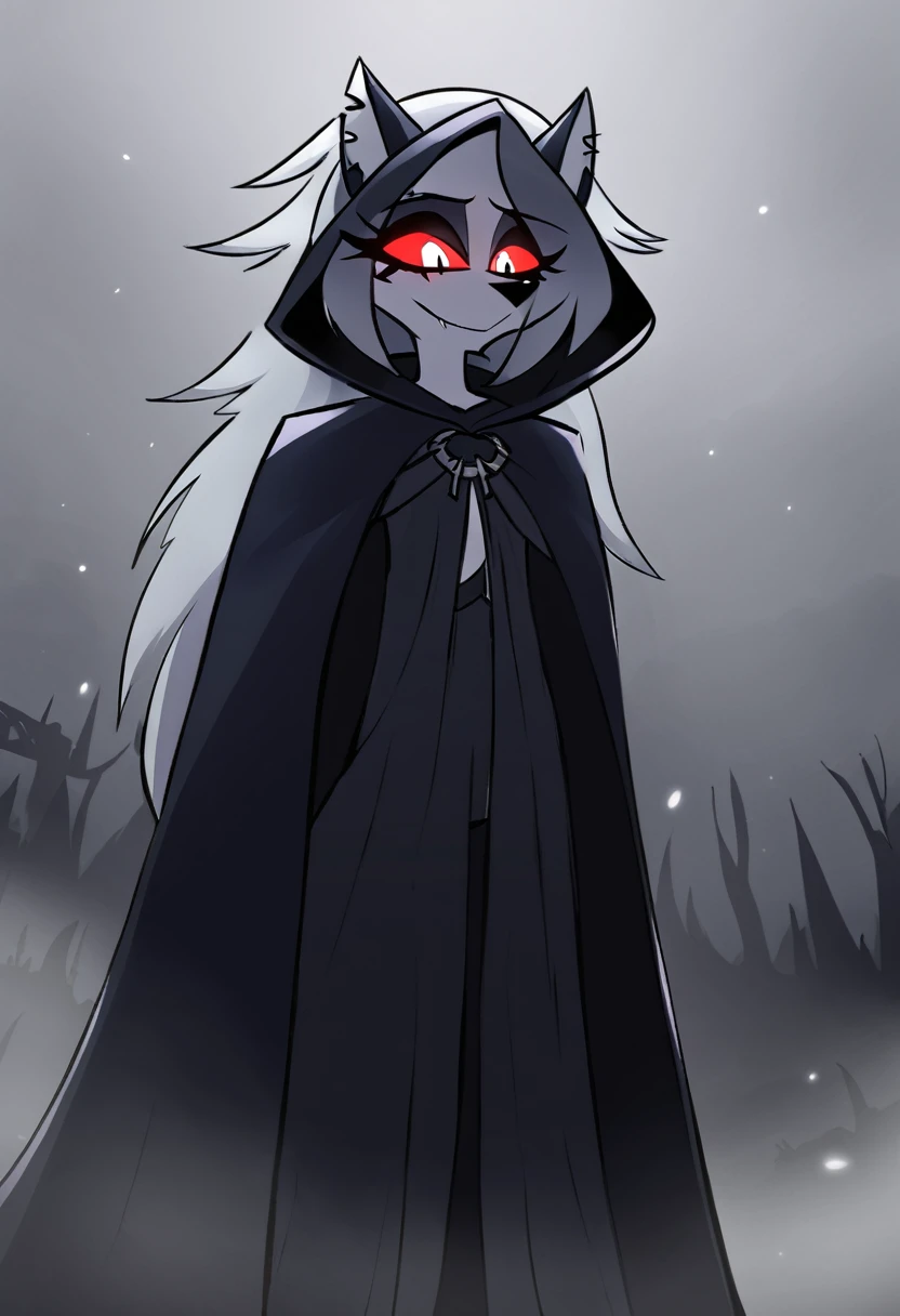 (1girl, solo), perfect body, slim,
anthro, robe, furry, smile, grim reaper outfits, cape covering whole body, long black cape, hoods covered head, head down, red eyes, day, fog, park, standing
Loona \(Helluva Boss\), 