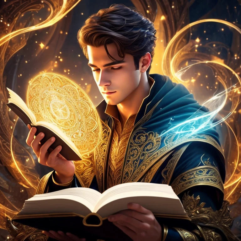 Handsome young mage reading magic book,detailed face and eyes,beautiful detailed hair,elegant ornate clothing,magical glowing energy,mystical swirling magic effects,intricate fantasy background,dramatic dramatic lighting,highly detailed,cinematic,digital art,award winning