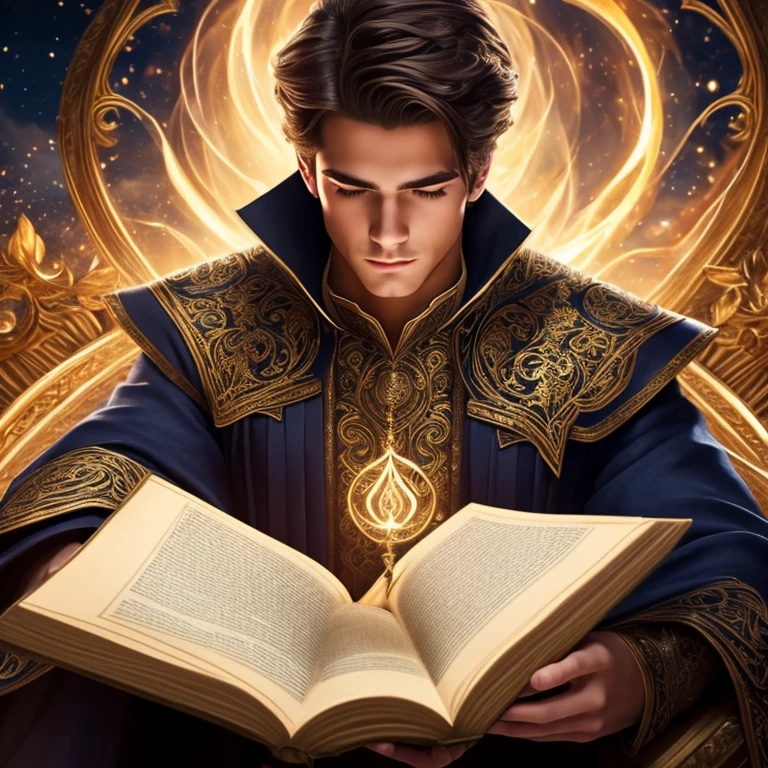 Handsome young mage reading magic book,detailed face and eyes,beautiful detailed hair,elegant ornate clothing,magical glowing energy,mystical swirling magic effects,intricate fantasy background,dramatic dramatic lighting,highly detailed,cinematic,digital art,award winning