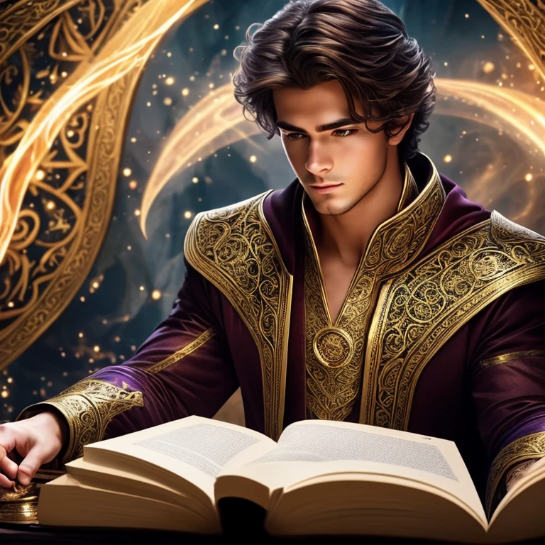 Handsome young mage reading magic book,detailed face and eyes,beautiful detailed hair,elegant ornate clothing,magical glowing energy,mystical swirling magic effects,intricate fantasy background,dramatic dramatic lighting,highly detailed,cinematic,digital art,award winning