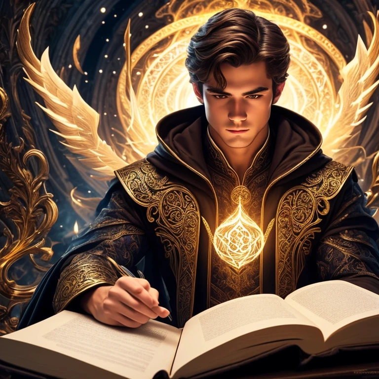 Handsome young mage reading magic book,detailed face and eyes,beautiful detailed hair,elegant ornate clothing,magical glowing energy,mystical swirling magic effects,intricate fantasy background,dramatic dramatic lighting,highly detailed,cinematic,digital art,award winning