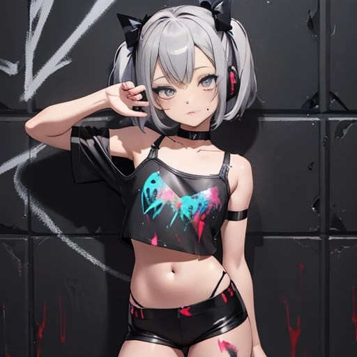 masterpiece, best quality, caneta parker loli 1girl,  alone, crop top,  panties ,  choker, (Graphite:1.5), splatter paint,  arms behind the back, against the wall, looking at the viewer, clamp, thigh strap, body paint,  head tilt , bored,  blue eyes, headphone, Body .