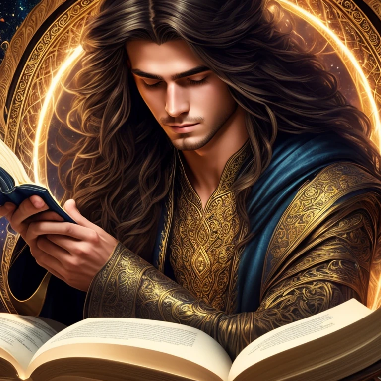 Handsome LONG HAIR young mage reading magic book,detailed face and eyes,beautiful detailed hair,elegant ornate clothing,magical glowing energy,mystical swirling magic effects,intricate fantasy background,dramatic dramatic lighting,highly detailed,cinematic,digital art,award winning