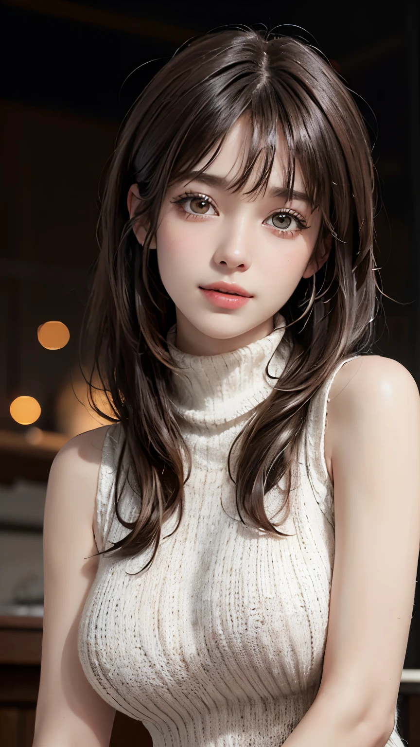 (UHD, retina, masterpiece, accurate, anatomically_correct, textured_skin, super_detail, high_details, high_quality, best_quality, high_res, 1080P, HD, 4K, 8k, 16k), (beautiful_detailed_eyes, beautiful_detailed_lips, extremely_detailed_eyes_and_face), soft_lighting, physically-based_rendering, vivid_colors, (large_breasts:1.5), (shiny_hair, shiny_skin, tanned_skin, blush), (bangs:1.5), eye_reflection, (bokeh), smile_and_laugh, (sleeveless_turtleneck_knit:1.5),