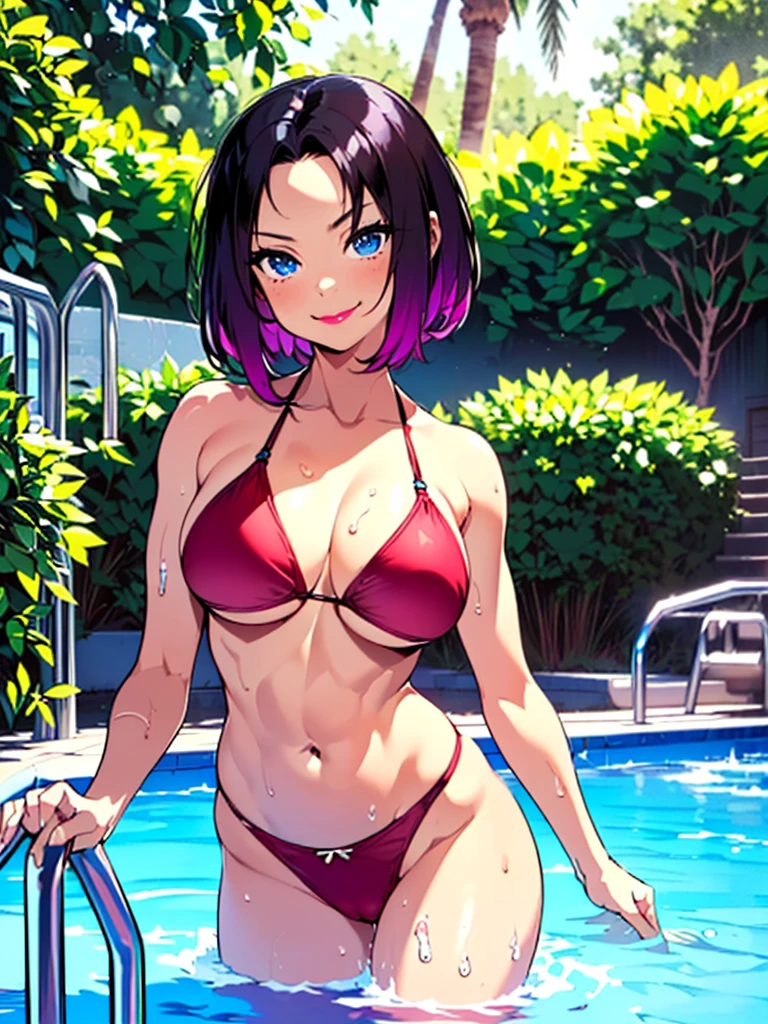 (1girl, solo, alone), ((elma, elma_maiddragon, short hair, black hair, blue eyes, colored hair, purple highlights, purple hair)), ((solo, (1woman, (big bust), pink lipstick, blue eyes), Extremely detailed, ambient soft lighting, 4k, perfect eyes, a perfect face, perfect lighting, a 1girl)), ((fitness,, shapely body, athletic body, toned body)), (( red bikini, red thong, water park, pool, water, slide, trees, grass, bushes, night, starry sky, tiny breasts, tiny bust, looking , smug smile , smug ))