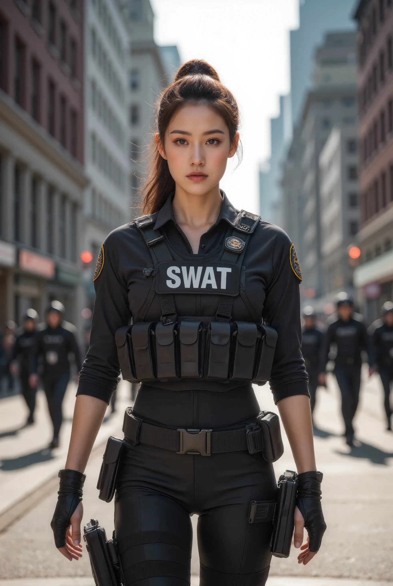 The beautiful woman is wearing a SWAT team uniform on street foot patrolling,(Best quality, Details, masterpiece, , 4K, Chiaroscuro,Photos are super realistic, Highly detailed Canon video )