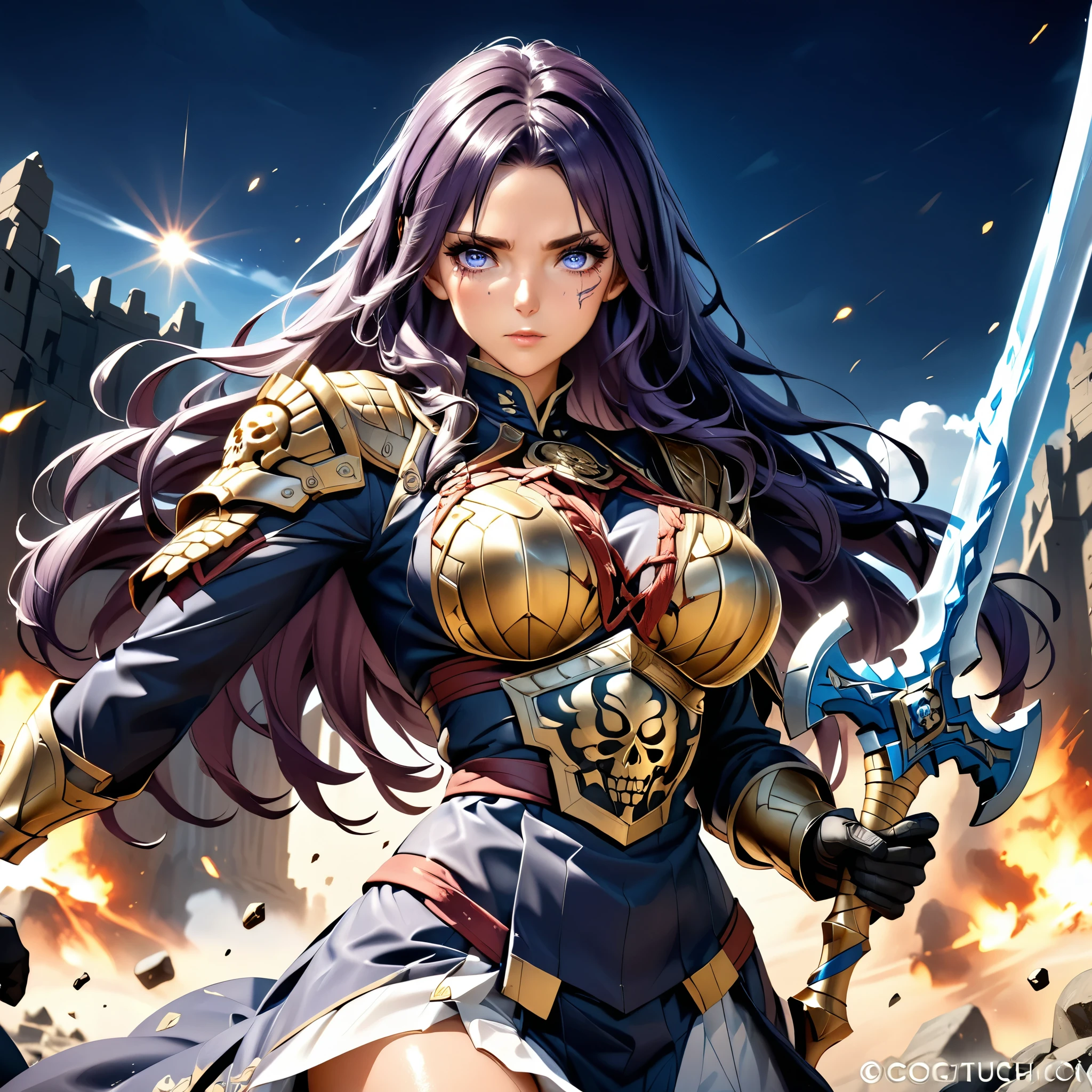 Masterpiece, 4k, HDR, full HD, (best quality), (ultra detailed), (only), (extremely delicate and beautiful fabric), super complex ANIME TYPE, best quality, 1girl, very expressive eyes, deep purple hair , hyper beautiful face, purple hair, perfect anatomy, shiny, oily skin, full body, alone (shiny purple hair, long hair), looking at viewer, bright blue eyes, perfect hands, perfect legs, super detailed clothes, intricate clothes, In an RPG world full of challenges, a girl warrior defender stands firmly on the battlefield. He wears heavy steel armor with gold engravings, designed for both endurance and mobility. His shield, large and adorned with emblems of his kingdom, reflects the brilliance of the sun as he raises it to protect his allies. In his other hand, he holds a sturdy sword firmly, ready for any threat. Around him, the chaos of battle rages, but his stance is unwavering. With determined eyes and set jaw, he becomes an impenetrable wall between his comrades and the enemy, defying all that comes with courage and loyalty. an ice sword with a gold hilt in his right hand, and a skull shield in his left arm,