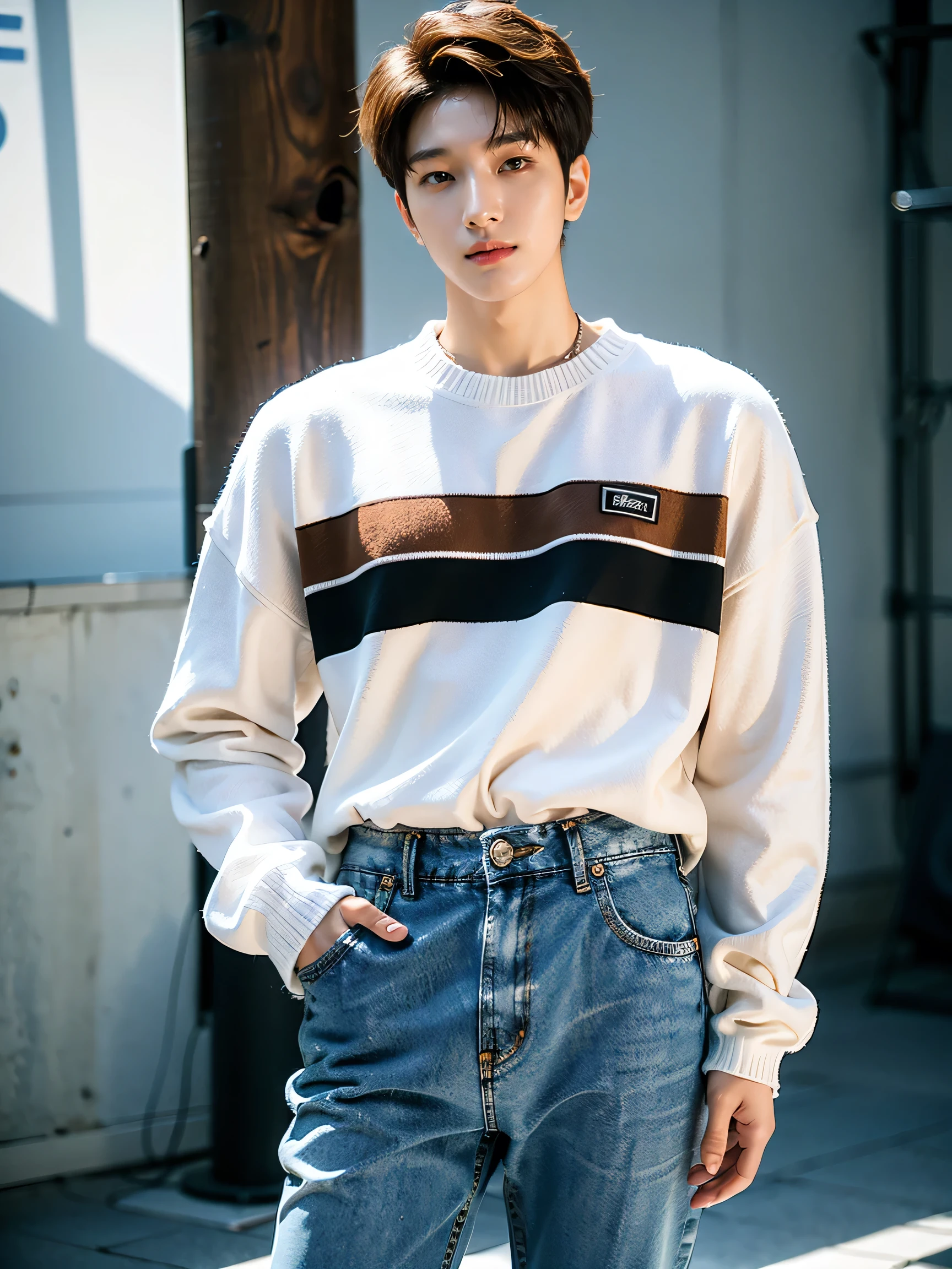 photography, masterpiece, best quality, 8k, HDR, highres, absurdres:1.2,   Kodak portra 400  , film grain, blurry background, bokeh:1.2, lens flare, (vibrant color:1.2)，Young man，28 years old，Height: 187cm,Tall model body type，Brown Hair，asian man, Korean Man, good looking, With a sexy body, Stylish clothing,Wear a sweater over a shirt，Denim trousers，Street Style Outfits，He posed good lookingly for photos，He is a Korean idol，He is well dressed，He knows how to dress well，Designer clothes，Designer clothes搭配， fashion model ，White photo studio，Muscle Man，indoor
