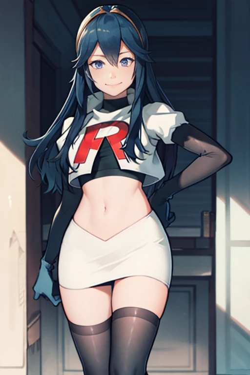 lucina fe, rocket,team rocket uniform, red letter R, white skirt,white crop top,black thigh-highs,black elbow gloves, blue hair, smile