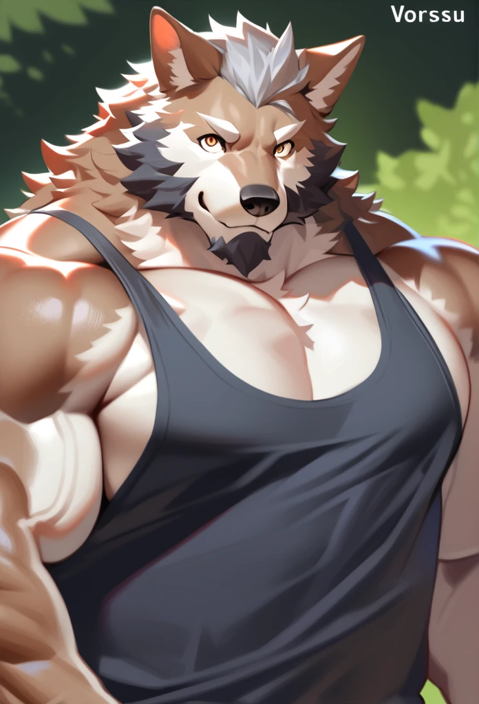 vorusu, strong, solo, 1boy, Muscular wolf, (wide shoulder, pectoral, thick arms, huge pectoral, wide pectoral), standing in street with meadow background, nature, short hair, bearded, grey hair, Short, tanktop, grinning, simple background, masterpiece, semirealistic:1.2, high detailed, 8k, high resolution