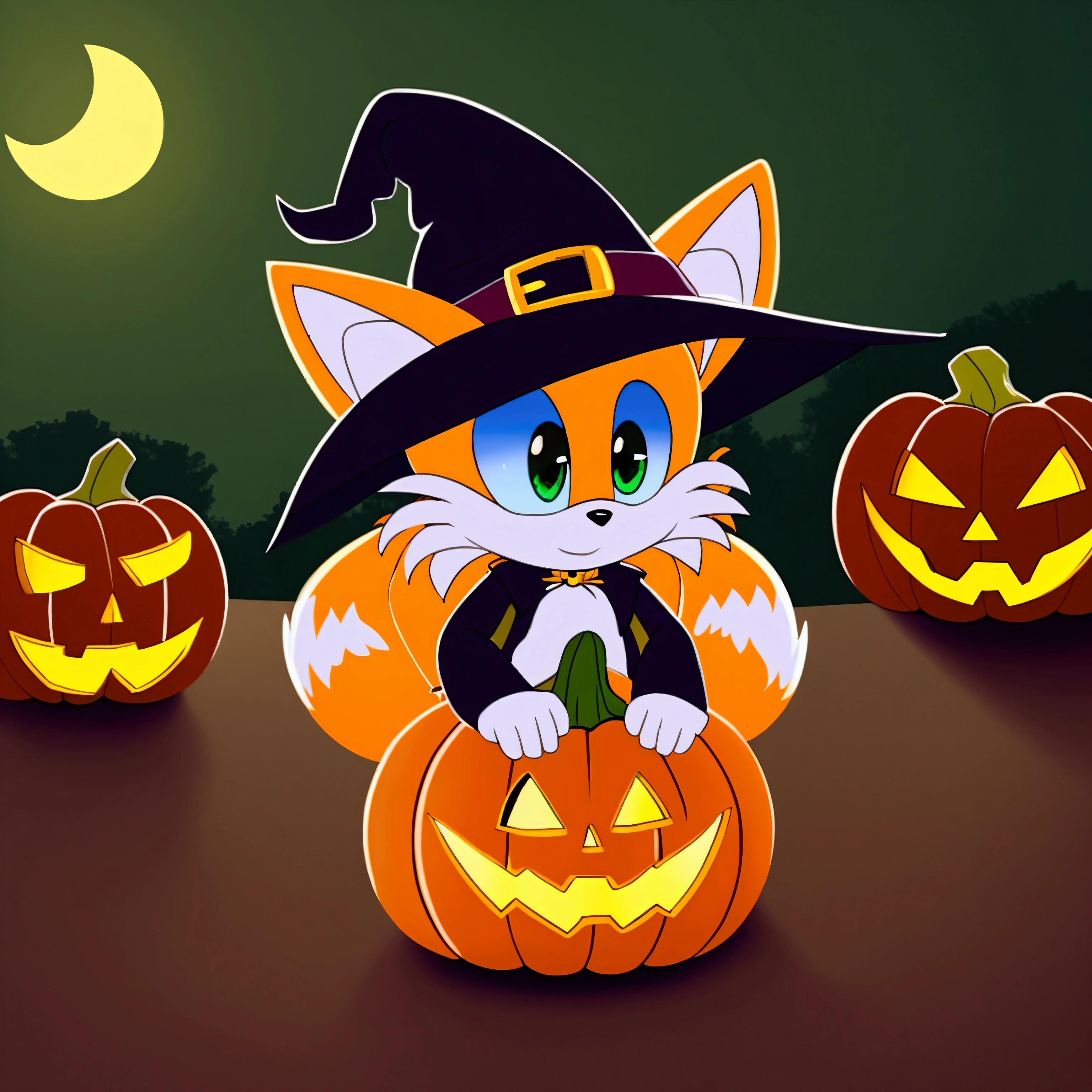 Tails prower, wearing a witch's hat,halloween , pumpkins ,night,with the green sky  