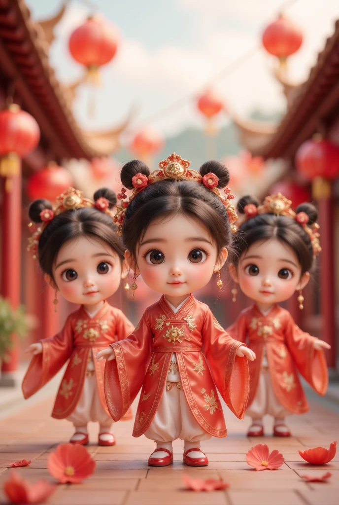  cute new year theme ，创造一系列可爱的 mini lion dance girls ，Chinese,  each has lots of detail and 8K resolution .  all dolls should follow the same background pattern, and be fully visible in the image  (whole body, Includes legs : 1.5) ，Chinese buildings and red lanterns around, 
 mini lion dance girls :  call her ，Marina.  she must have a dark brown round head . Your eyes should be large，Expressive, Long eyelashes and rosy cheeks. The smile is delicate and white.  must wear long Hanfu dresses ,  , Bonito Advanced Certificate,  hair texture and details ， to make them more cute and charming .