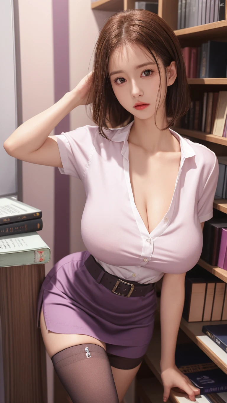 8K quality、High resolution、Sexy suit woman、Realistic skin texture、High resolutionの肌、、Princess Hair、thin、Small and young breasts、Open the mouth to reveal a realistic tongue、Beautiful cleavage、Gray Hair、Thin legs、French Braid、、Full Body Shot、Moist lips、Sitting at a desk looking at documents