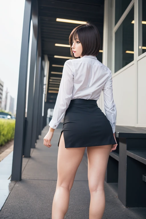 (High definition images), (((Red cheeks, An embarrassed expression)), The legs are very long, Slim and good figure, The legs are small and slender, (white wrap shirt), (black pencil skirt), sandals, (not wearing underwear), (no underwear), (no panties, Visible genitals), There was a sensation of a lot of fluid flowing out of the pussy, (There is a lot of pubic hair), (Full body image), Waist level view, (crowd), Turn your back, in the city at night, on the stone steps.