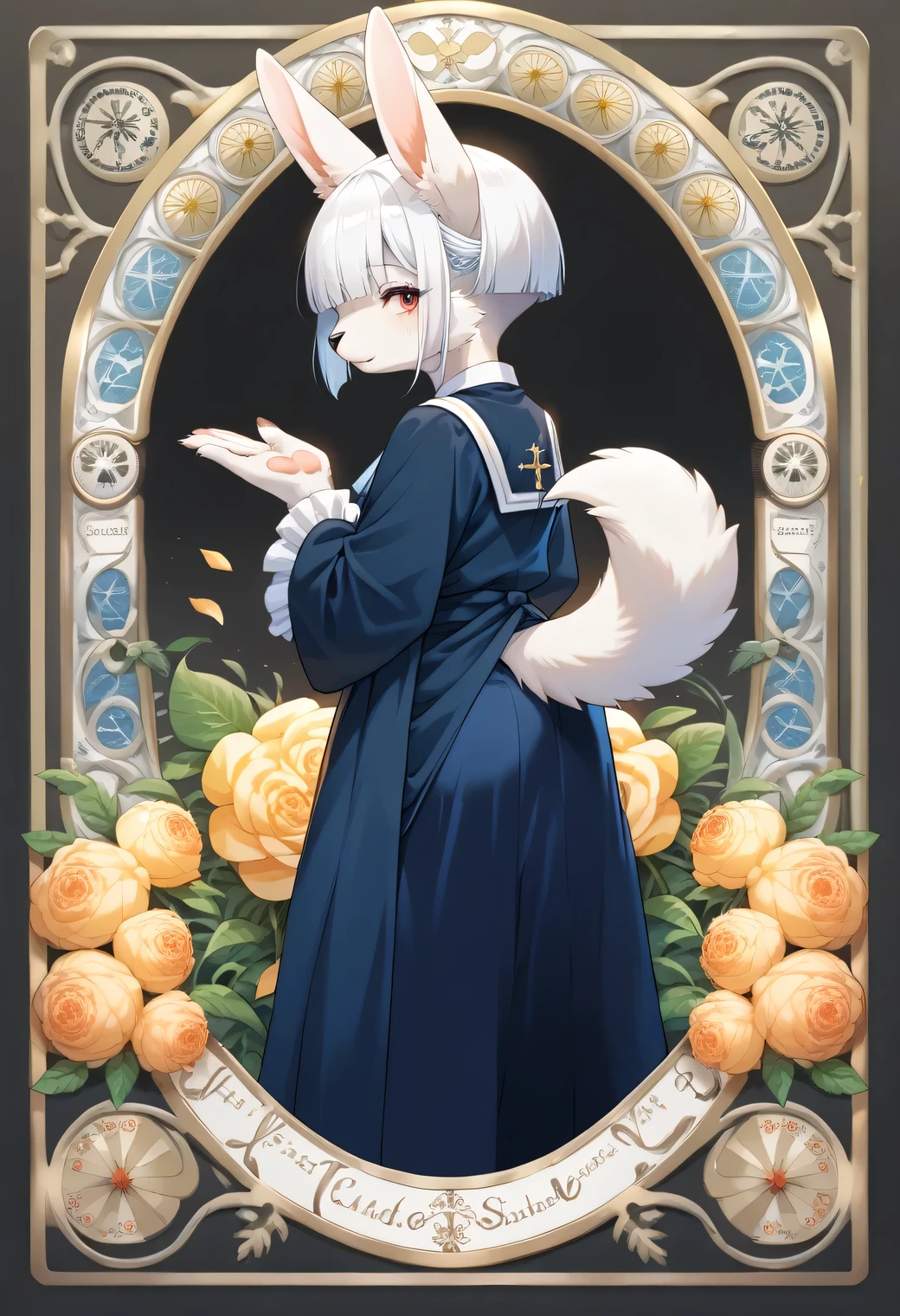 score_9, score_8_up, score_7_up, score_6_up, score_5_up, score_4_up, source_anime, best quality, amazing quality, very aesthetic, absurdres, 1girl, (furry, kemono:1.1), rabbi, solo, solo, white hair, short hair, undercut, (hair over eyes, hair covered eyes, hime cut),, ((gold and silver embroidered clothes), (black nun veil:1.0), (black cassock:1.0)), (art nouveau:1.3), detailed gold pattern background, looking back