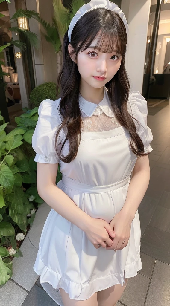 A adorable cute girl standing with blue eyes, pale skin, smooth pale skin, skin tune pink, cute face, white hair, ponytail hair, super detailed, 8k