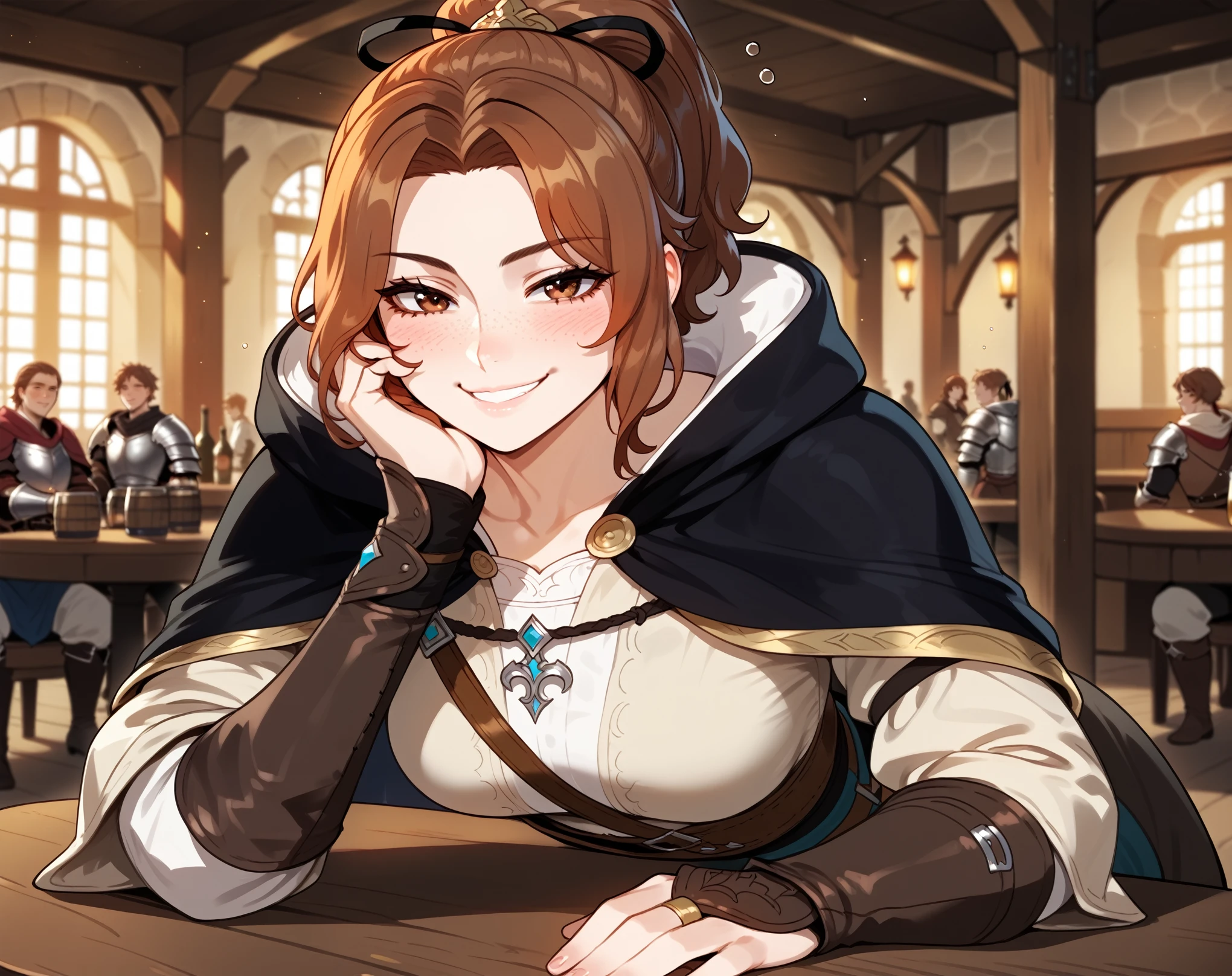 score_9, score_8_up, score_7_up, score_6_up, score_5_up, score_4_up, BREAK source_anime, {{portrait, anime, vibrant, indoors, tavern, crowd, elbows on table, table, pov across table, solo, by nilsunna, bloom, medieval fantasy}} 1girl, medium breasts, brown hair, straight hair, parted bangs, short hair, high ponytail, freckles, brown eyes, armor, beige tunic, black cloak, thigh boots, thick thighs, squire, drunk, rosy cheeks, elbows on table, across table, head in hands, black ribbon, smug, smile, flirty.