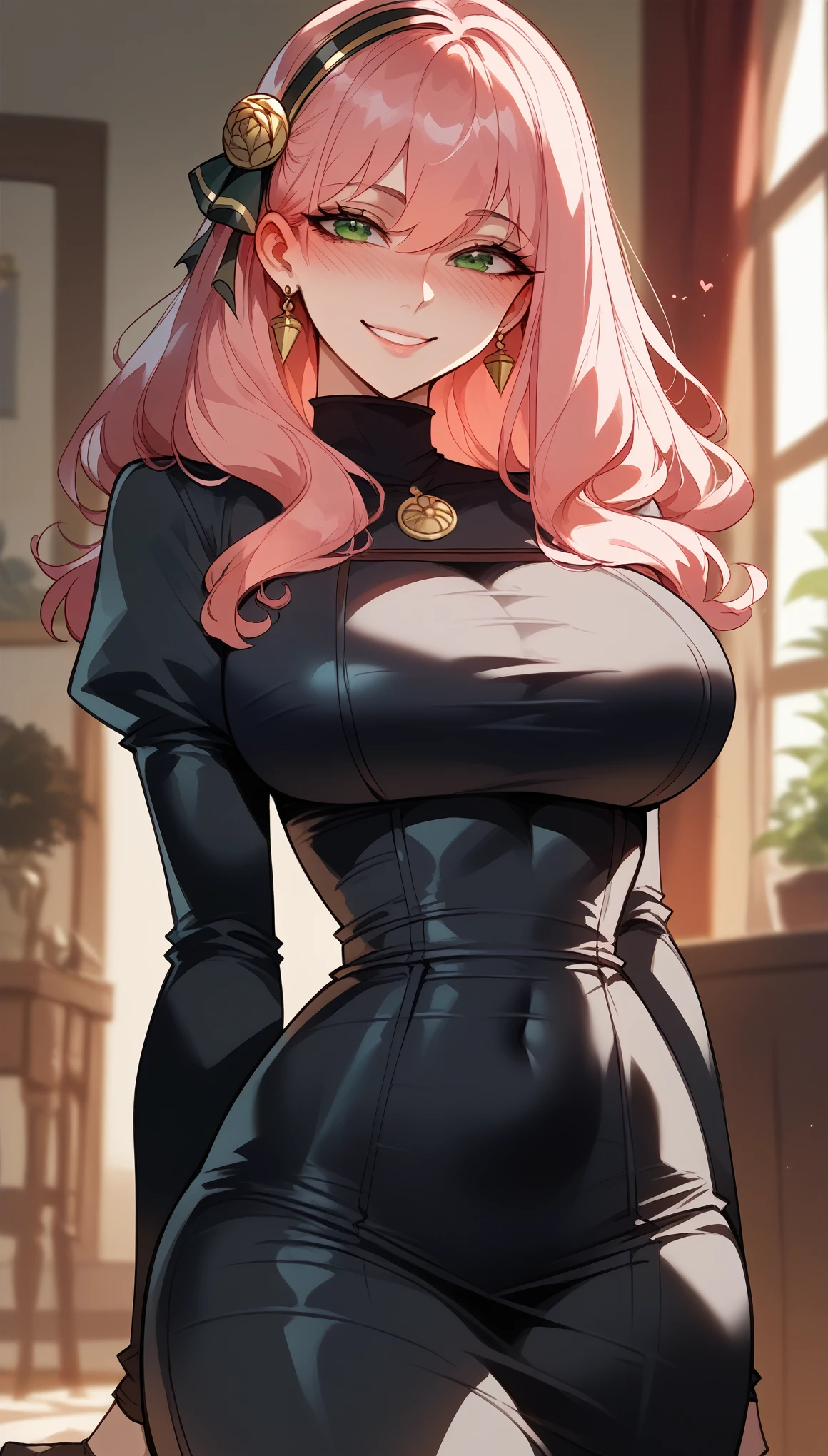 pink hair、long and straight hair、green eyes、Spy x Family、Anya Forger、mature woman、shiny hair、(big breasts),tight waist、thin waist、shiny skin、black dress、Beleza、erotic、smile、blushed,