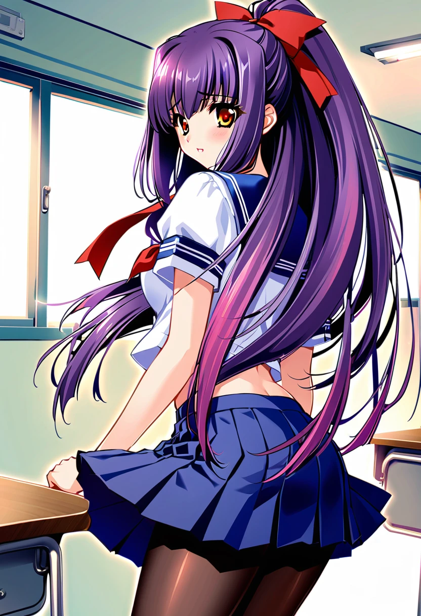 Suzuna Kuraki, 1 girl ,Alone,、(Sailor suit、Navy blue mini skirt)、pantyhose、Long Hair, ponytail,Red ribbon,(Purple Hair),,Orange Eyes,classroom、 cowboy shot、Backwards、look back