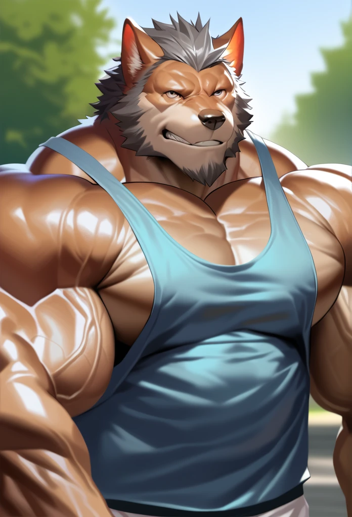 masterpiece, 8k, Hight detailed, a grizzly bear standing in gym, grin, scar on body, scar on hairy chest, Black Shorts and shirtless and topless, huge and muscular, old bear, sunset, twilight