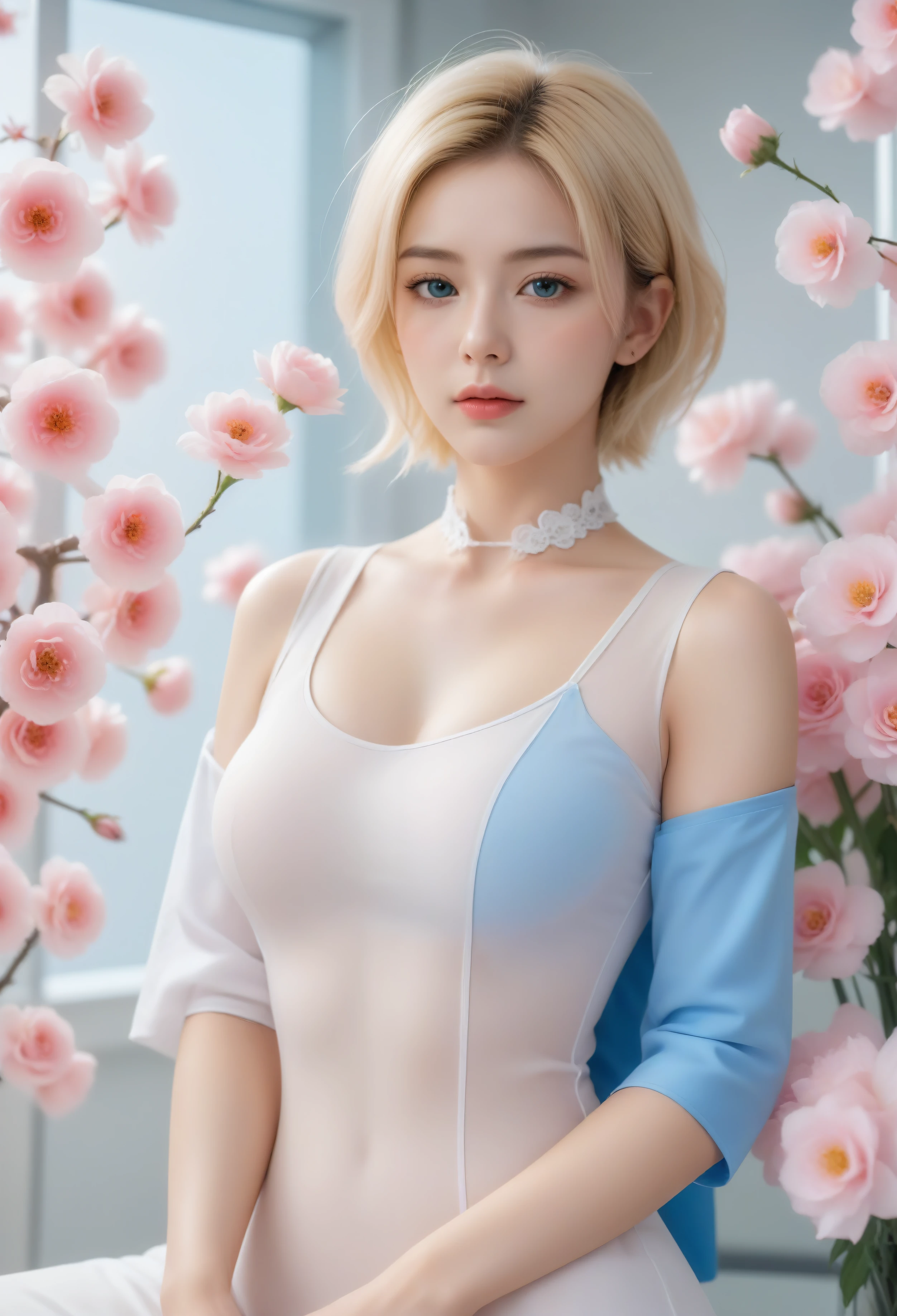 masterpiece, Best quality, Very beautiful, absurd, 1 Girl, Mature_Miss,Nurse_clothing, Nurse_have,Heart,Holding a huge syringe,indoor,In the hospital,,Android 18(Dragon Ball), Short hair,blond, Blue Eyes,,Surrounded by flowers,come down_petal, petal,,