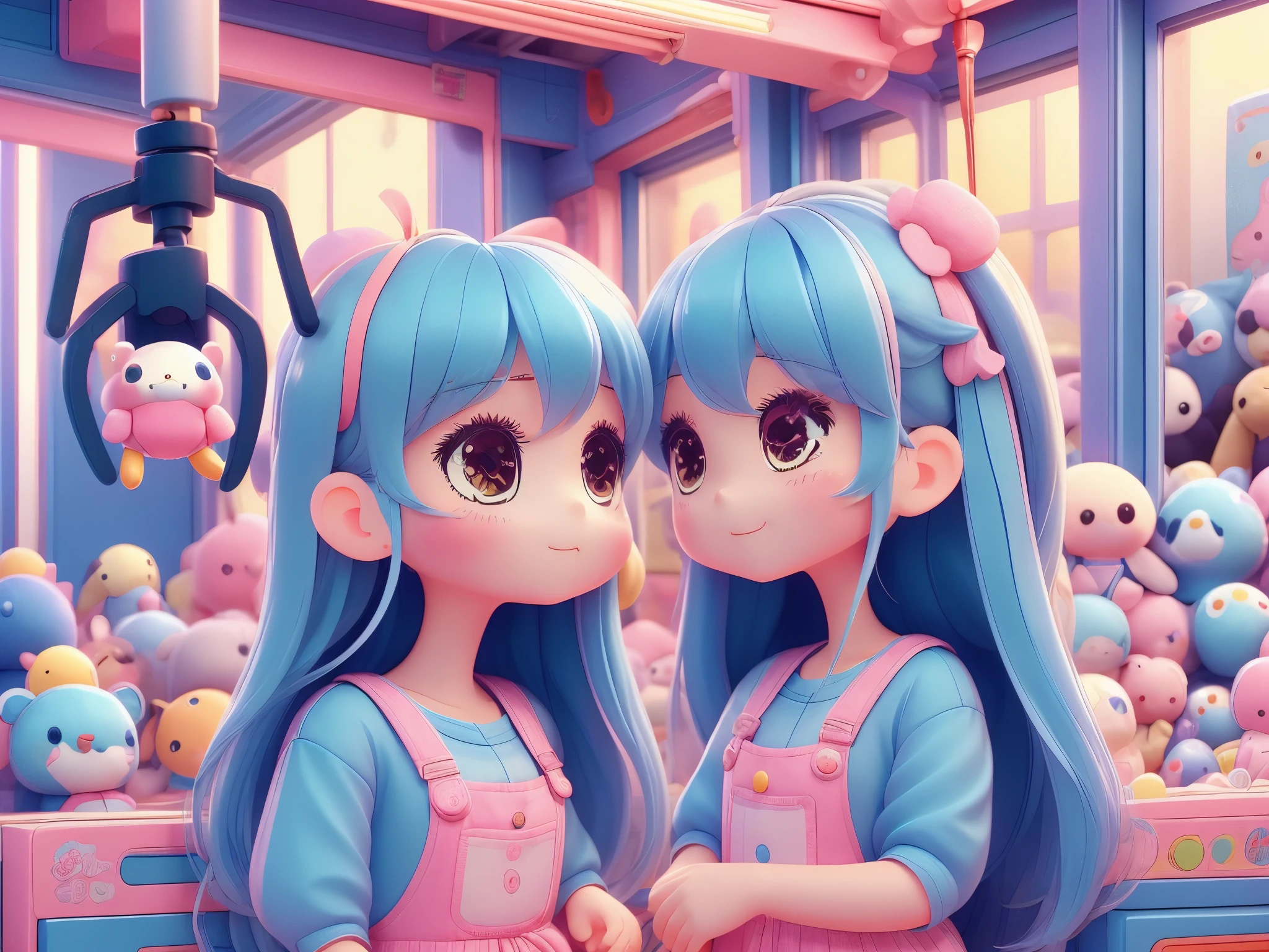 Crane games、 operating a stick in front of lots of stuffed animals、smile、 long light blue hair 、Twin-tailed Girl, Cute Costumes、Cute realistic portrait,, change, Cute, colorful and adorable ,  cute girl , Cute artwork, 