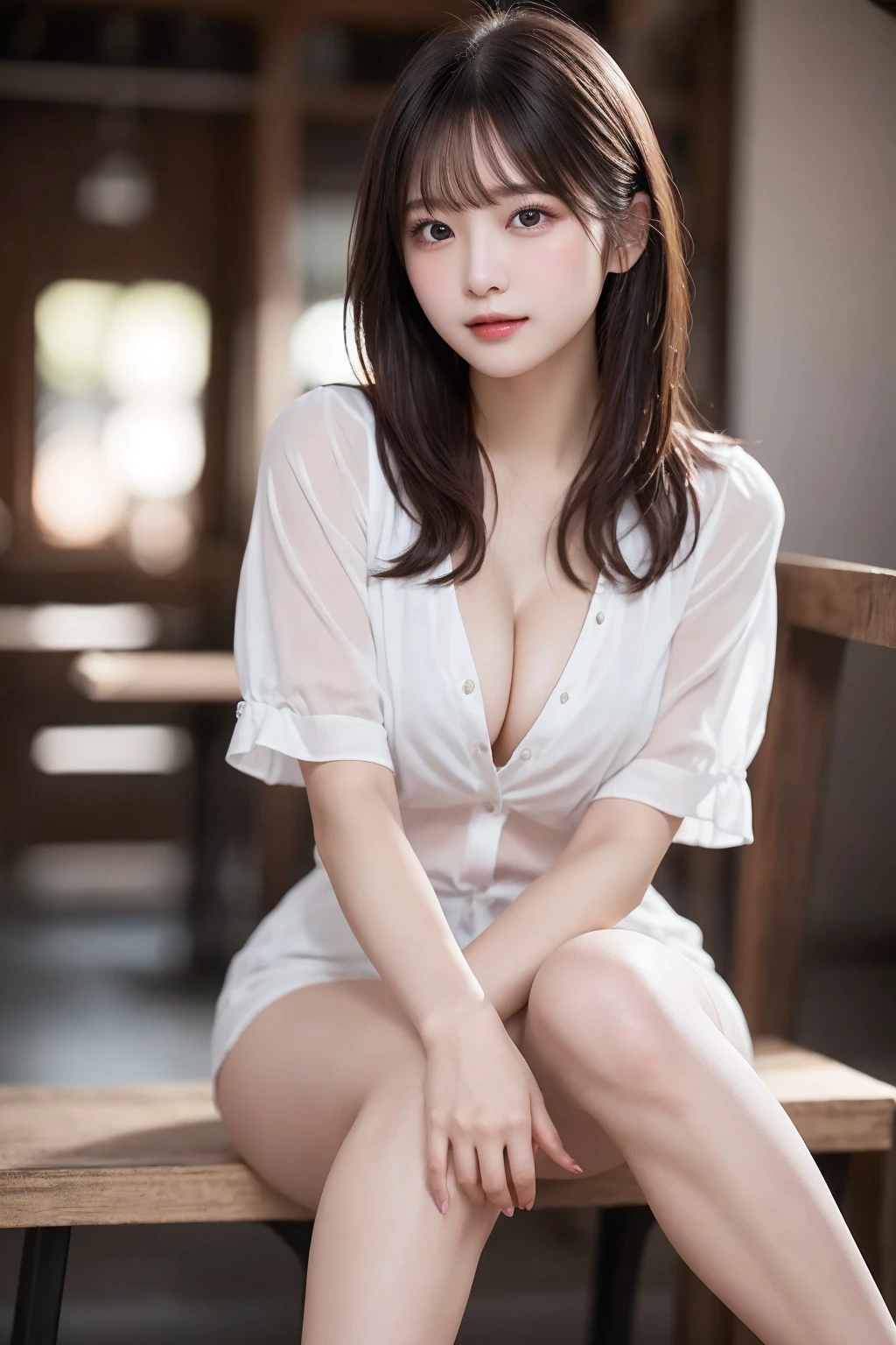 White Shirt、Complex and beautiful eyes、woman、(Bare legs, Beautiful legs : 1.5)、(stand up : 1.4)、Womanly black hair、(Delicate and realistic hair、1 bottle１Realistic hair)、bangs、Natural Color Lip、smile、((White indoor))、indoor、((18歳woman:1.******ung and adorable Japanese face, Official Art，Highly detailed CG Unity 8k wallpaper，（masterpiece:1.0),(Best Quality:1.0), 超High resolution,4K,Very detailed, photo shoot, 8k, nffsw, High resolution, Kodak Portrait 400, Film Grain, Lens flare glow,高いest quality,8k,nffsw:1.2),Portrait Shot,8k、Show Viewer, (((Front View))), ((Facing))、Body facing forward、Bold cleavage、Firm breasts、Small face, ((Bare legs))、Highest quality、Super beautiful images、((stand up)), (((back hand))), Hands on back, yellow race