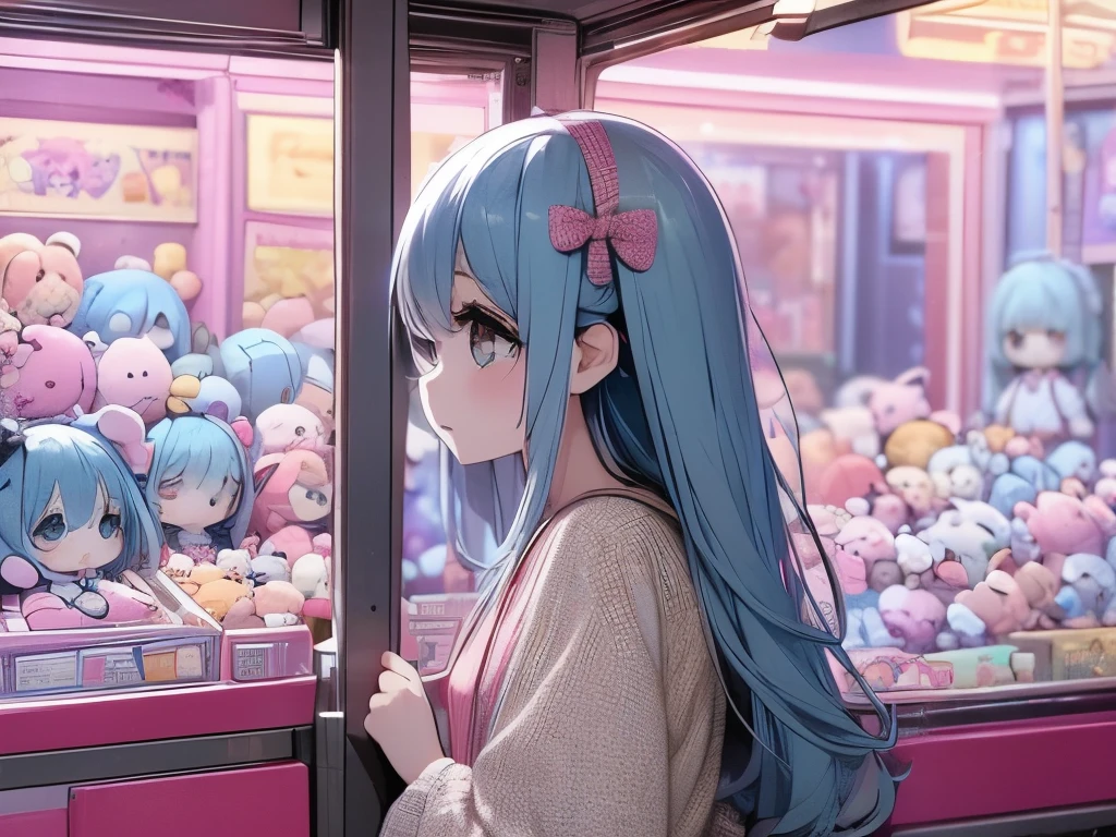 Crane games、 operating a stick in front of lots of stuffed animals、smile、 long light blue hair 、Twin-tailed Girl, Cute Costumes、Cute realistic portrait,, change, Cute, colorful and adorable ,  cute girl , Cute artwork, 