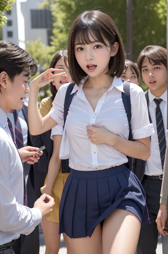  A beautiful female student with a clean, baby-faced woman passes by in front of a horny male student who had been ambushing her, She is surrounded by horny male students and her school uniform is stripped off, exposing her panties、Viewers stare at her panties, Screaming with mouth open while looking at the camera, Panicking after being incited by male students ,  boyish short hair:1.3, Vivid and realistic, I was surprised by the lewd gazes of the viewers., blush, Distorted Eyes, Ultra-high resolution, Beautiful legs, Clear white skin, Slender body, Japanese,  anatomically correct