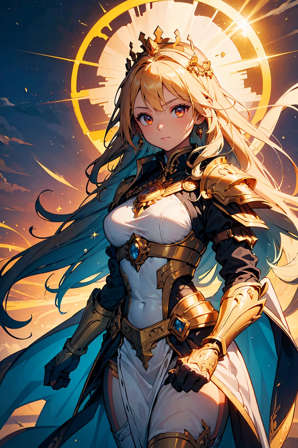 ((masterpiece, best quality, 16k)) (1girl) A radiant goddess, with golden skin that shines like the sun. Her flowing hair is ablaze, cascading down her back, and her eyes glow with the intense light of the solar disk. She wears a majestic crown with a solar disk encircled by a cobra, symbolizing power and protection. Her armor is made of gold, intricately detailed, reflecting sunlight in every direction. She holds a staff that radiates solar energy, standing in a desert landscape, with the sun blazing overhead. ((extremely detailed, cinematic lighting)).
