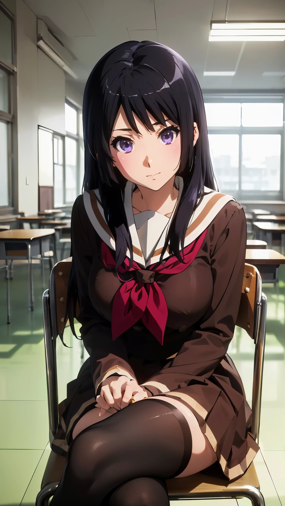 (最High image quality, 8k, High image quality, high detail,masterpiece:1.2)、(Reina Kousaka,summer uniform),Eye light、((Perfect hands、Perfect Fingers、 Perfect Anatomy))、Shining Eyes、(Alone、1 girl)、(Looking at the viewer)、anime、animeカラーリング、(In the classroom of the school:1.3),Kitauji High School uniform、Reina Kosaka、Kitauji High School uniform、 (Long Hair,Red neckerchief, Brown shirt, Long sleeve,(KousakaWinter , long hair, school uniform, brown skirt, brown shirt, long sleeves, black thighhighs, sailor collar, red neckerchief,winter uniform)、( viewers、Blur the background:1.3)、Subject in front、Detailed skin、(( The image placed in the center :1.5)),（Big Breasts、Thighs、smile)、(( I'm sitting with my legs crossed ,whole body)),Random Angle、