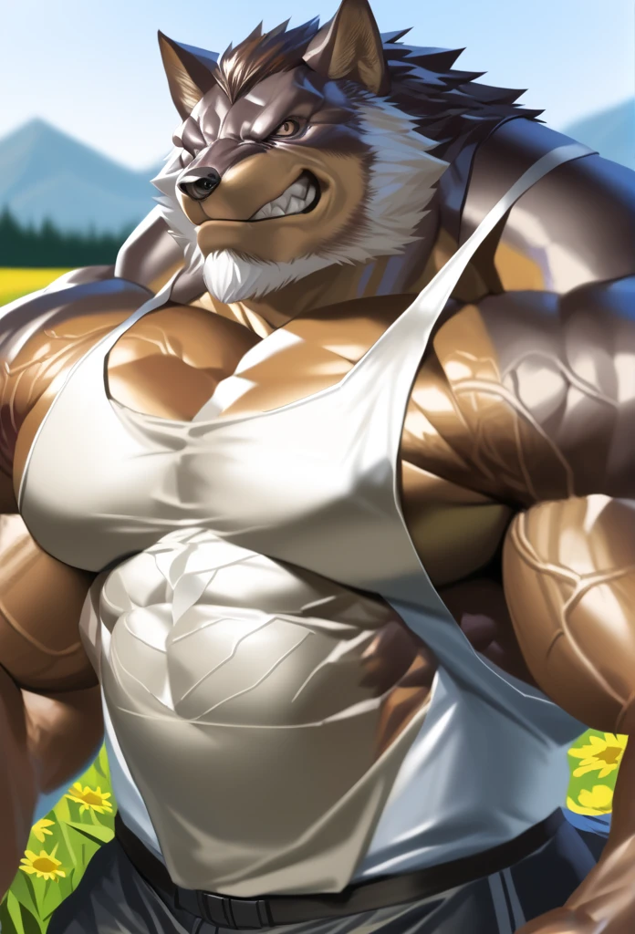 echin, strong, solo, 1boy, Muscular wolf, (wide shoulder, pectoral, thick arms, huge pectoral, wide pectoral), standing in street with meadow background, nature, short hair, bearded, Short, tanktop, grinning, simple background, masterpiece, semirealistic:1.2, high detailed, 8k, high resolution