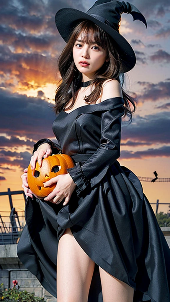 Best Quality, masterpiece,  Extremely High Definition CG Unity 8K Wallpaper,(Beautiful and delicate: 1.2),Official Art, 1 girl ，Small breasts，Pumpkin，Bats,Halloween Theme、Black witch hat、 orange dress