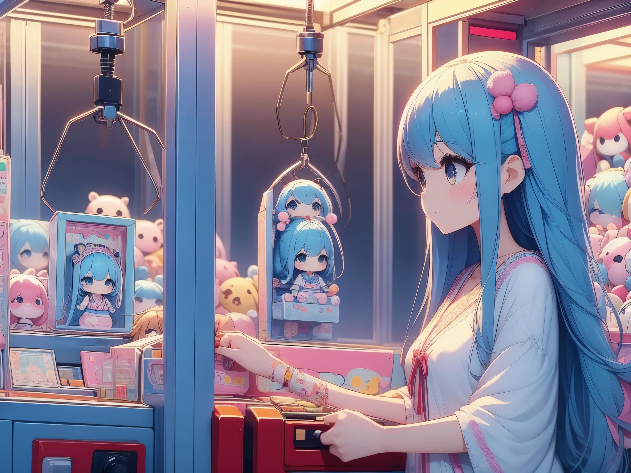 Crane games、 operating a stick in front of lots of stuffed animals、Smiling face、 long light blue hair 、Twin-tailed Girl, Cute Costumes、Cute realistic portrait,, change, Cute, colorful and adorable ,  cute girl , Cute artwork, 