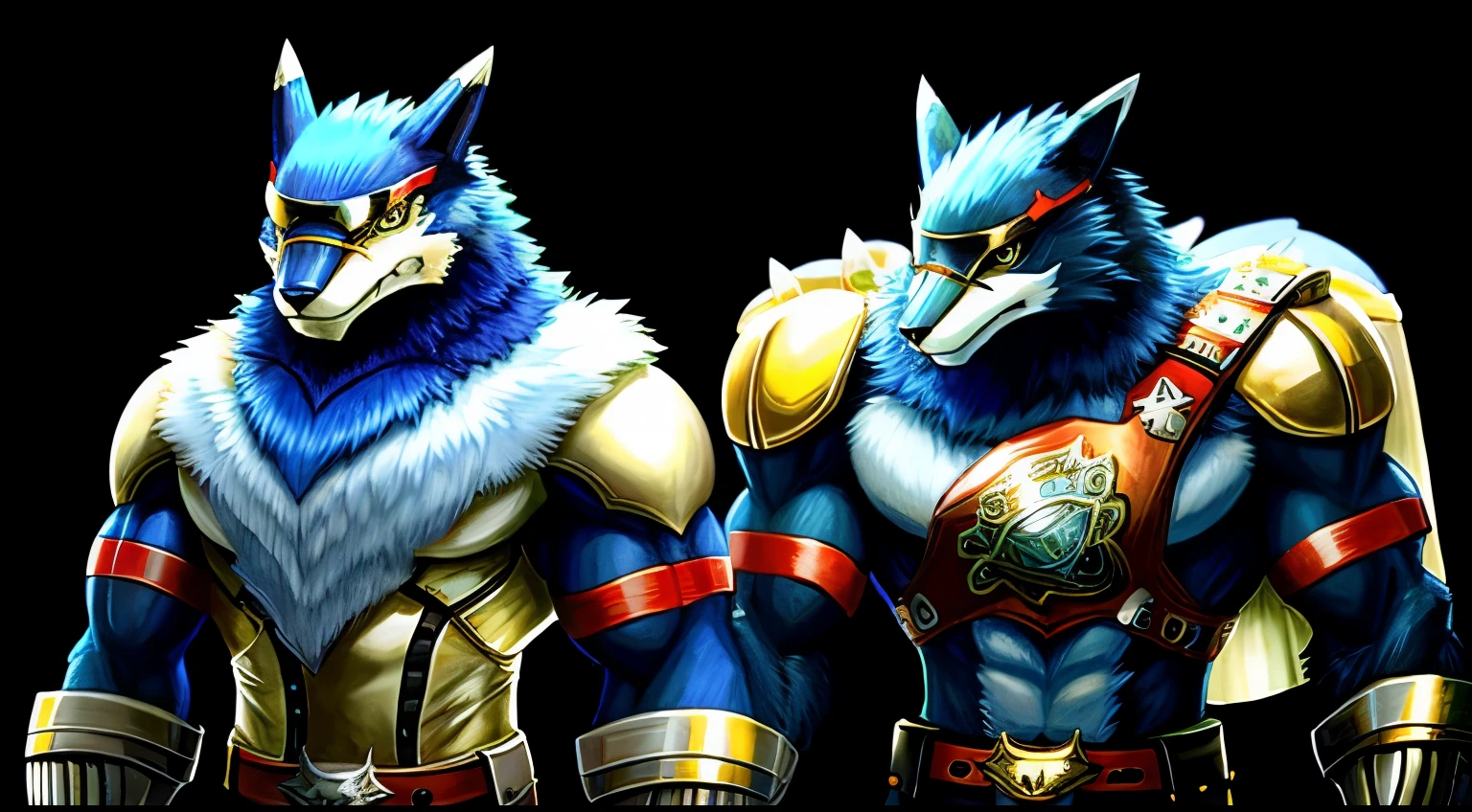 Machgaogamon digimon, masculine, GOLD eyes, Champion belt, Duo, BLACK fur, BLUE fur