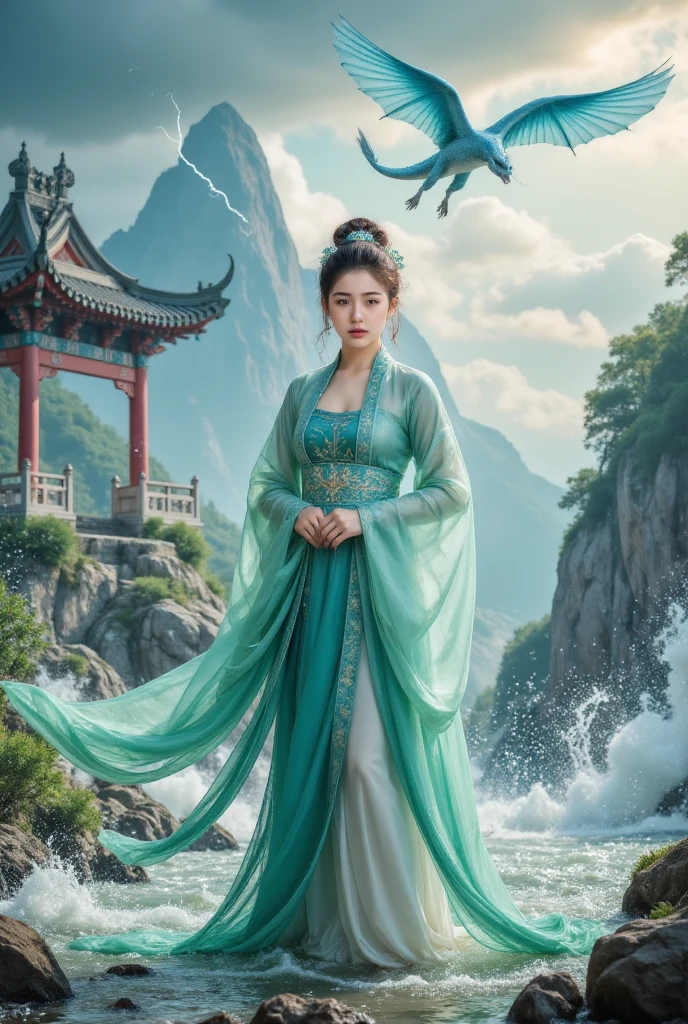 symmetry艺术,  symmetry, Water Drop,lightning, cloud,( ( green and cyan :1.3) ( watches the audience :1.4),  masterpiece, ultra high res, intricate details wide angle , with an  green and cyan  theme, this painting depicts a girl wearing an  green and cyan  Hanfu,  surrounded by water .  behind the girl is an ancient Chinese architecture ,  the sky is a blue dragon . Water Drop,lightning, cloud,(High quality, Ultra-high brightness,  Very Detailed , Clear focus, 8K Ultra HD, artistic masterpiece), Chinese Ink Painting,liujiyou, 