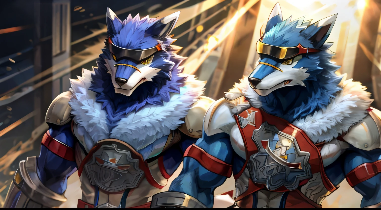 Machgaogamon digimon, masculine, GOLD eyes, Champion belt, Duo, BLACK fur, BLUE fur