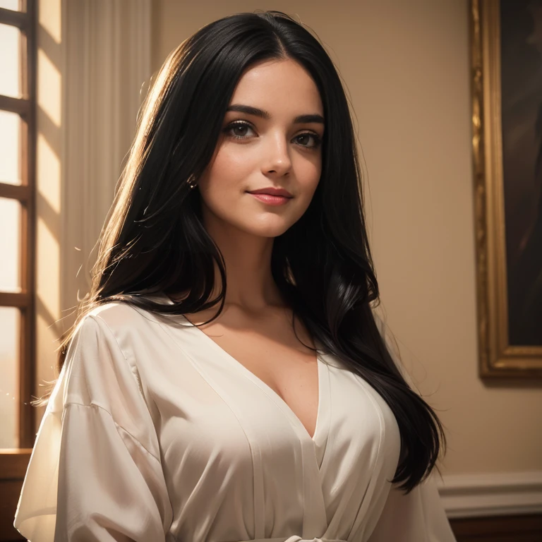  A smiling woman with long black hair., Wearing a white shirt, long white skirt, very detailed full body shot ,  beautiful detailed eyes , Detailed beautiful lips ,  extremely detailed eyes and face, Long eyelashes, elegant pose,  warm lighting , Photo realistic, 8K, High quality, detailed painting,  oil on canvas ,  masterpiece, suave, Delicate, natural colors, cinematic,  dramatic lighting 