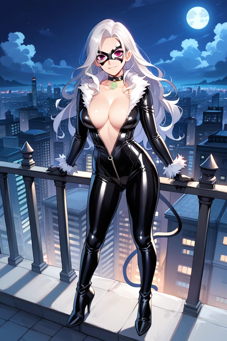 Elf Woman, fullbody, ((rough sketch)), Very black and tanned skin, Beautiful silver hair, Pointy Ears, Beautiful red eyes, Thick pink lips, ponytail, Shiny black rubber suit, Beautiful body lines, Description of full body, Lovely smile, Open your lips, 8k, night, Dark rooftop of a high-rise building, Starry Sky,