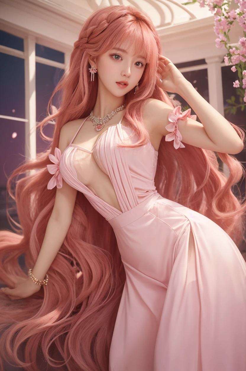 Woman, long wavy hair, pink hair, blue eyes, elf, back, sensual curves, practiced dress, jewelry, white and silver dress, delicate, bold seduces, Dark dance hall scene, realistic dress is removed and a naked body, Exposed nude small breasts, pink nipples no cloths