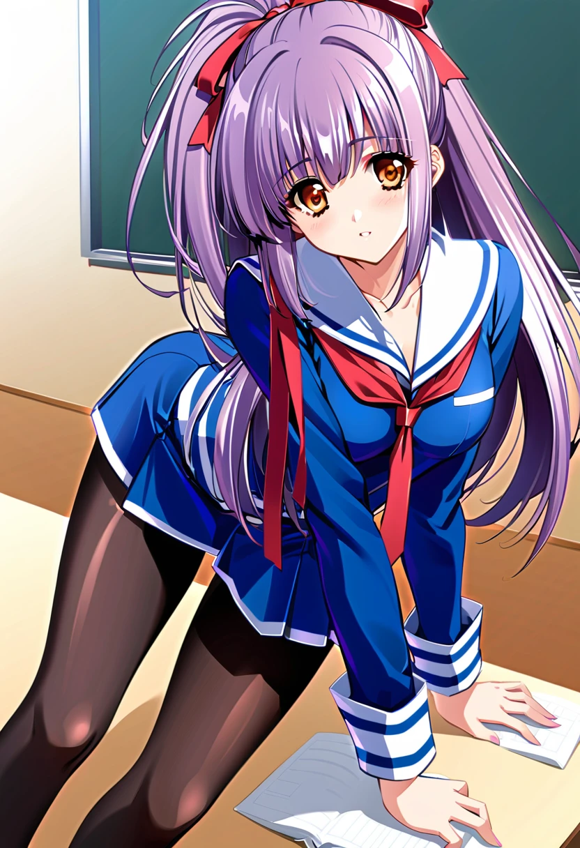 Suzuna Kuraki, 1 girl ,Alone,、(Sailor suit、Navy blue mini skirt)、pantyhose、Long Hair, ponytail,Red ribbon,(Purple Hair),,Orange Eyes,classroom、 cowboy shot、 on all fours, slightly from the side、Backwards、look back