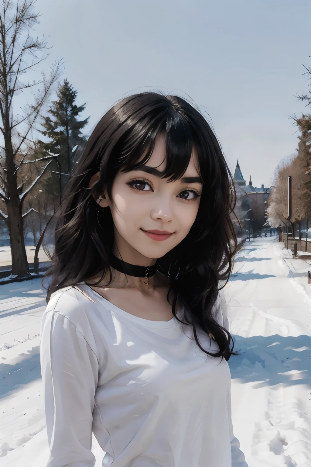 Miyumrkw, red eyes, long black hair, choker, white shirt, looking at viewer, smiling, close up portrait, outside, park, trees, winter, snow, blue sky, high quality, masterpiece, 