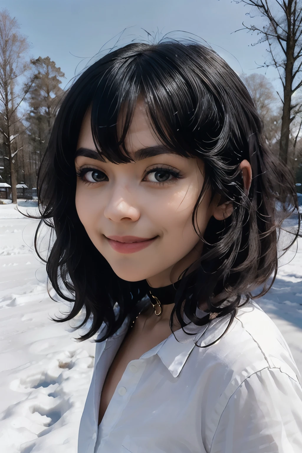 Miyumrkw, red eyes, long black hair, choker, white shirt, looking at viewer, smiling, close up portrait, outside, park, trees, winter, snow, blue sky, high quality, masterpiece, 