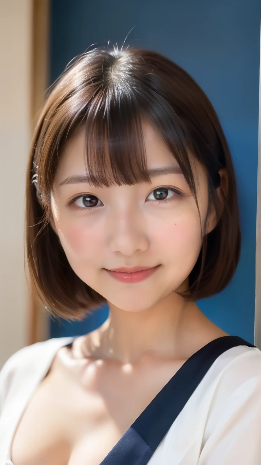 (Facial image:1.25), , (cute), (baby face), (Round face), One Japanese woman, Beautiful girls, Beautiful Face, (Short Straight Hair)、(Big Breasts:1.4), ( Viewers), (   standing facing the camera   ), (Natural Mouth)、(Mouth for a kiss)、(Student Uniform)