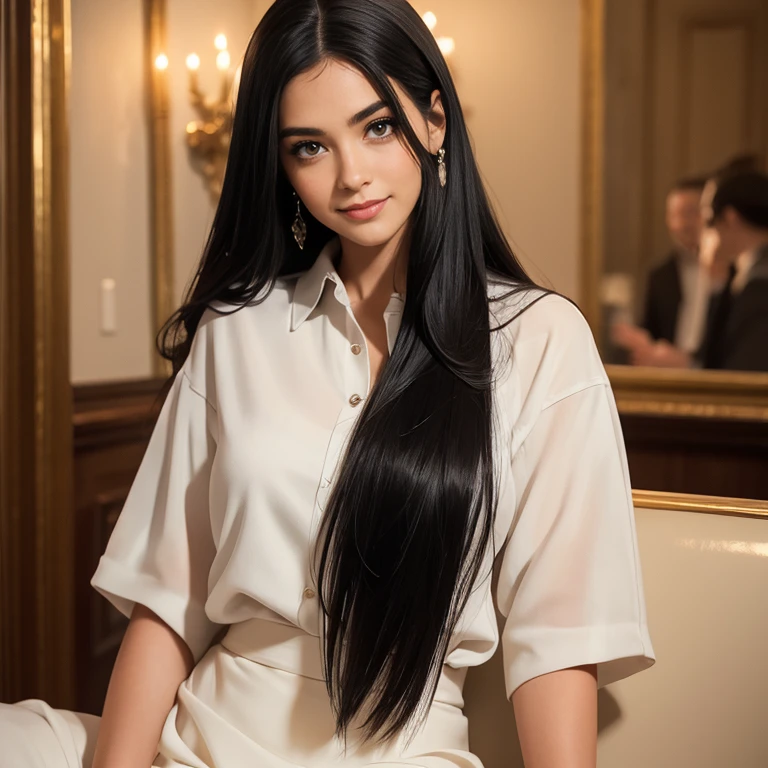  A smiling woman with long black hair., Wearing a white shirt, long white skirt, very detailed full body shot ,  beautiful detailed eyes , Detailed beautiful lips ,  extremely detailed eyes and face, Long eyelashes, elegant pose,  warm lighting , Photo realistic, 8K, High quality, detailed painting,  oil on canvas ,  masterpiece, suave, Delicate, natural colors, cinematic,  dramatic lighting 