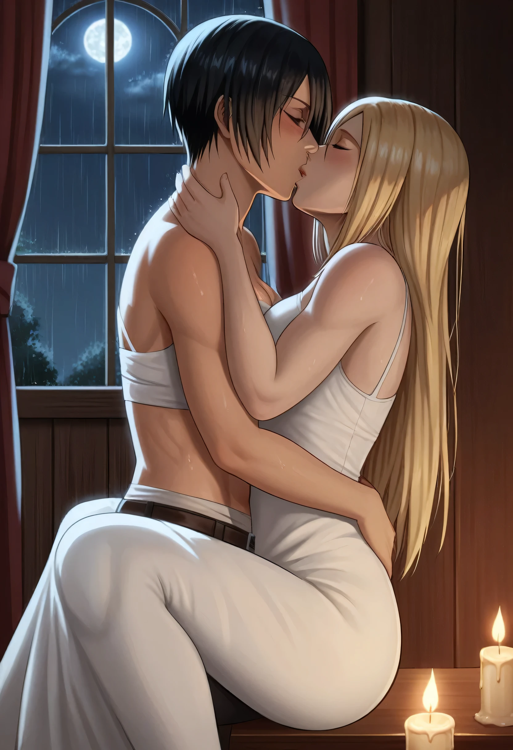 The atmosphere radiates tenderness, bliss and passion. Intimate atmosphere, flowing light. Ultra-high detail. 1 boy, 1 girl, missionary position, a girl in a short skirt sits on a table ((Skirt lifts up)), A girl wraps her legs around a guy's waist. The guy inserts a dick into her wet pussy. Love juice is flowing from the pussy. They merge in love ecstasy. In a fit of passion, almost all the clothes were taken off. The girl throws her head back in bliss. Her long hair hangs down. No one had ever fucked her like that.
