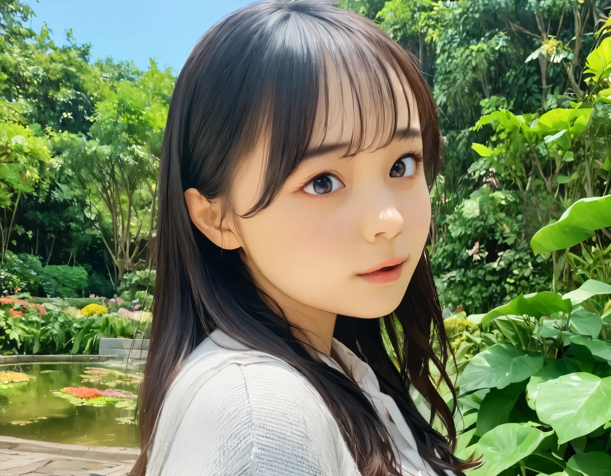 (best quality, 8k, high resolution:1.2), 1girl, botanical garden, upper body