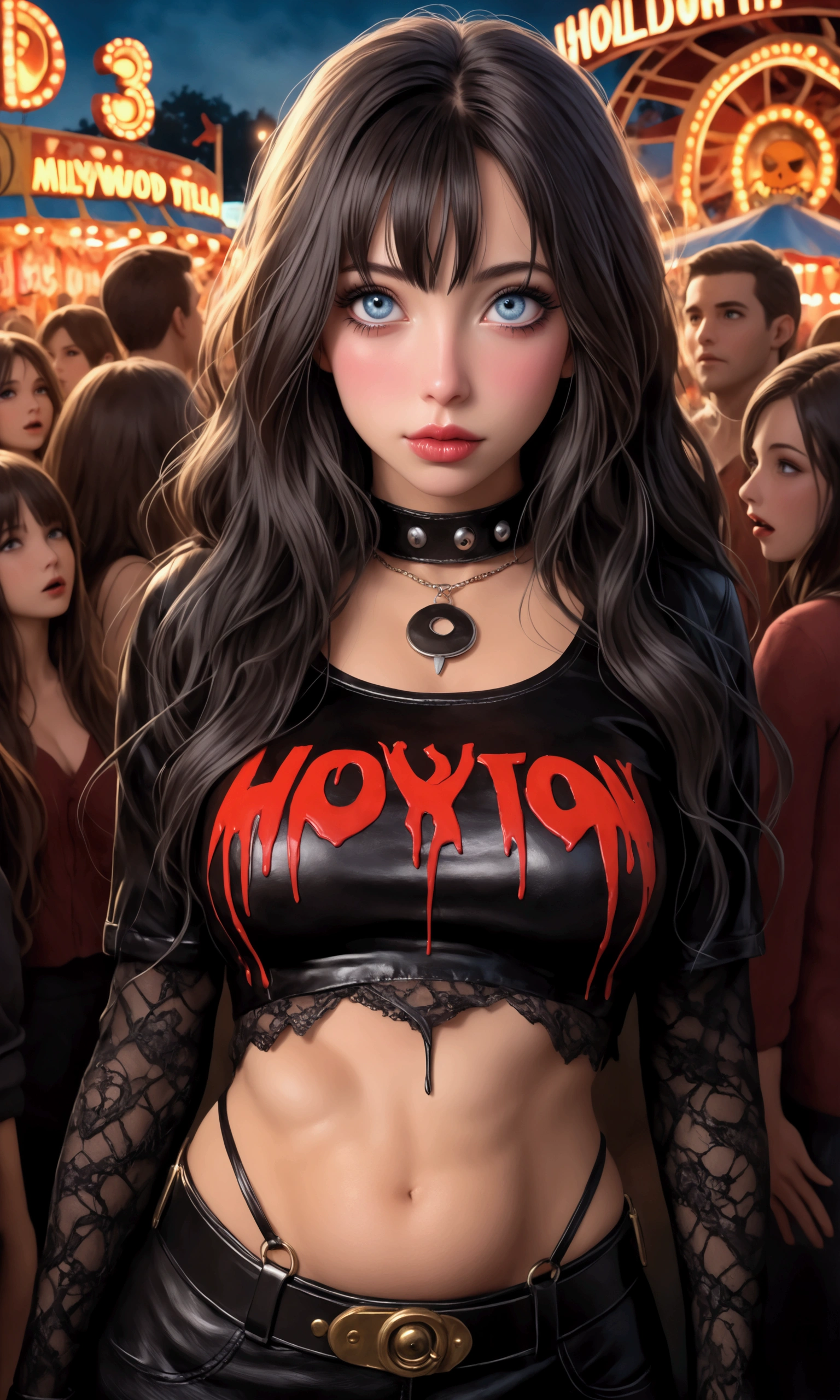 (A cute woman, beautiful detailed eyes, beautiful detailed lips, extremely detailed eyes and face, long eyelashes, 25 years old, two piece outfit with #1 victim logo, belly uncovered), at an crowded amusement park, Hollywood horror movies theme, major horror film monsters move through the crowd like mascots interacting with the crowd, cute woman posing in front of Friday the 13th ride, (best quality,4k,8k,highres,masterpiece:1.2),ultra-detailed,(realistic,photorealistic,photo-realistic:1.37),horror,concept art,vivid colors,dramatic lighting
