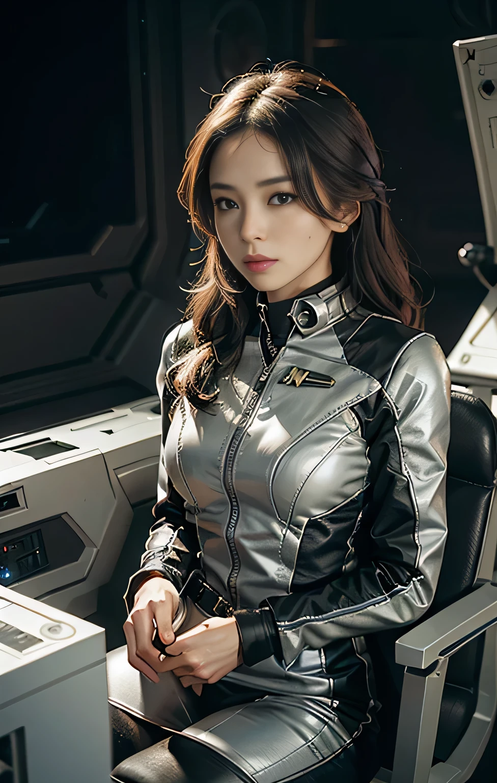 Character: A beautiful woman, arrogant and alluring, her features are lit by the glow of computer screens, Attire: Black and white starfleet uniform which ends in a skirt, Accessories: Planet earrings and a watch, Hair and Makeup: Long black wavy hair with short bangs, Presence: Standing in the center of a Starship bridge commanding attention. <lora:add_detail:1> <lora:epiCRealismHelper:1>