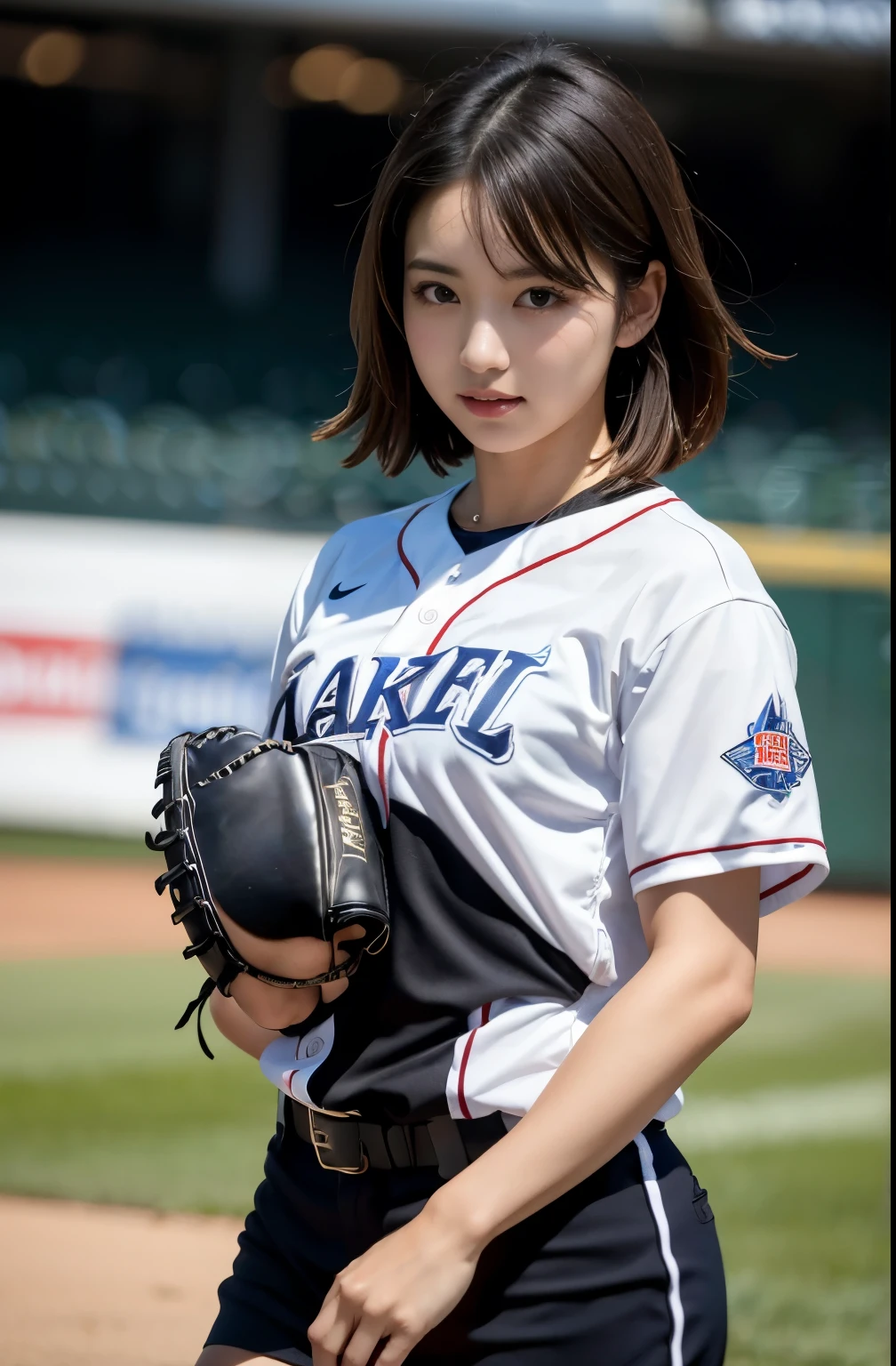 (Photogenic, best quality, Masterpiece: 1.5), baseball, baseball stadium, Hands are clear and distinct, underwear, voluptuous body, beautiful face, 3D, Japanese, baseball wear, , mini-skirt, A glimpse of underwear, bandy-legged, short hair, beautiful face, shining thighs, pure white skin, Japan, high school girl, real